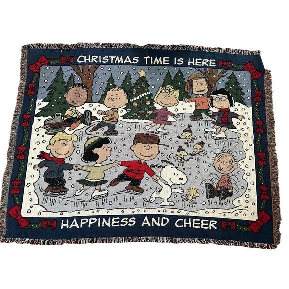 Peanuts Charlie Brown Ice skating Danbury Mint Christmas Tapestry throw blanket - Picture 1 of 8